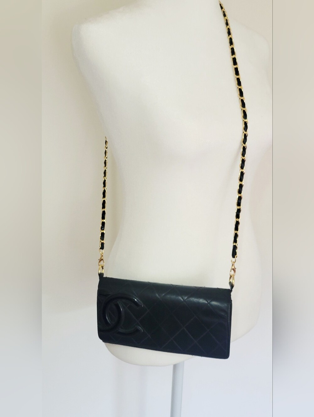 CHANEL Black Leather  Wallet with Gold Chain Strap